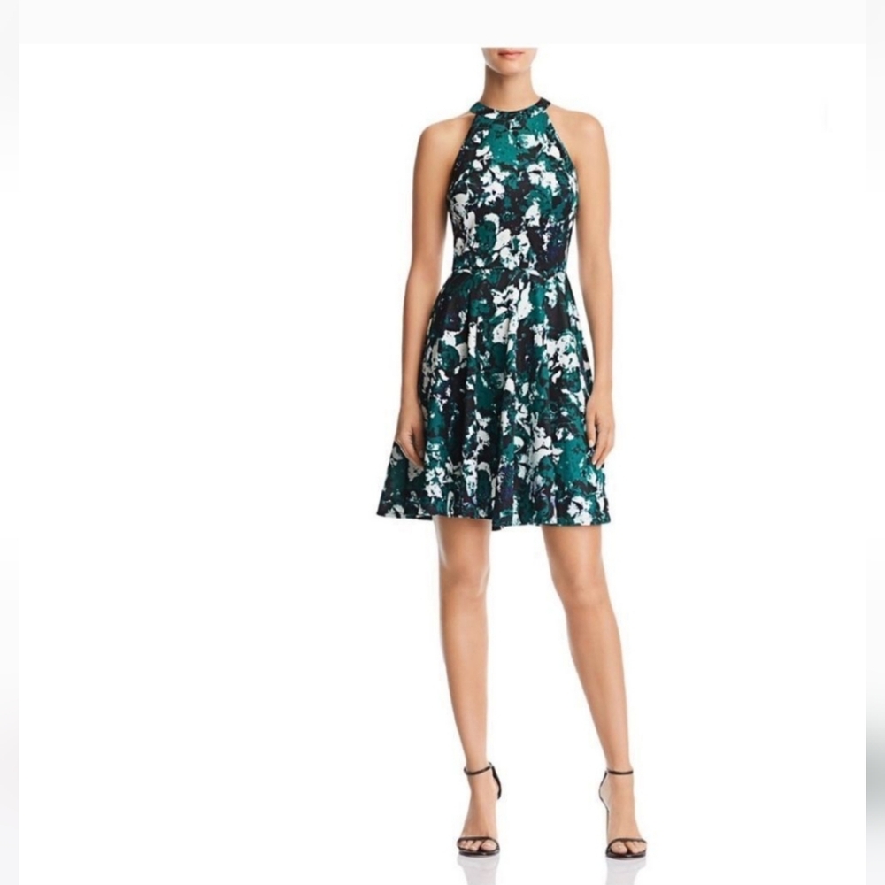 AQUA green abstract halter skater dress sz S, NWT